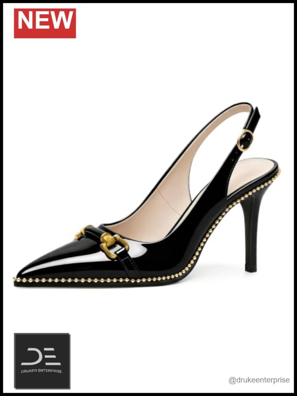 Women's Pointed Toe Stiletto Slingback Heels with Gold Beaded Buckle Detail